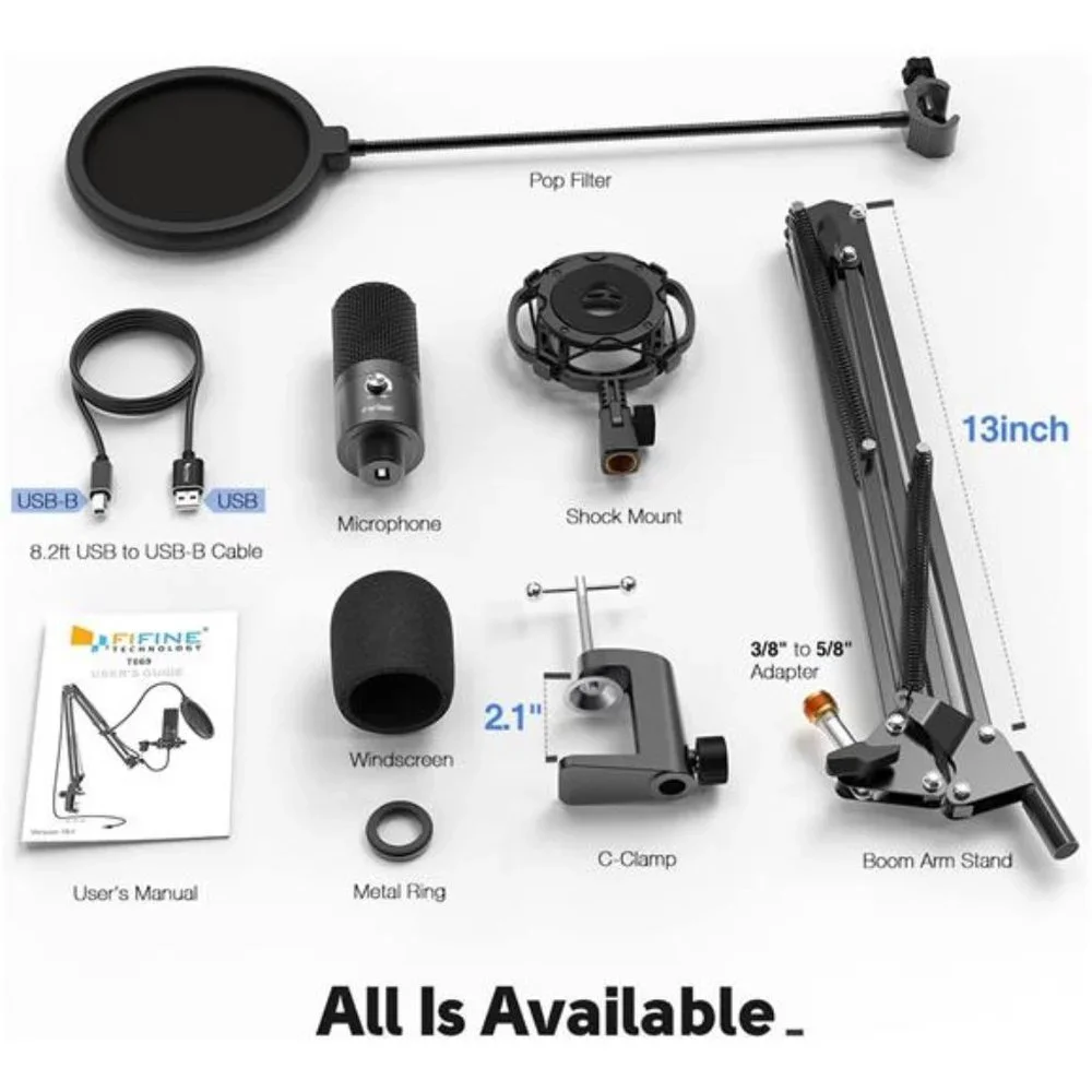 Studio Condenser USBMicrophone Computer PCMicrophone Kit with Adjustable BoomArm
